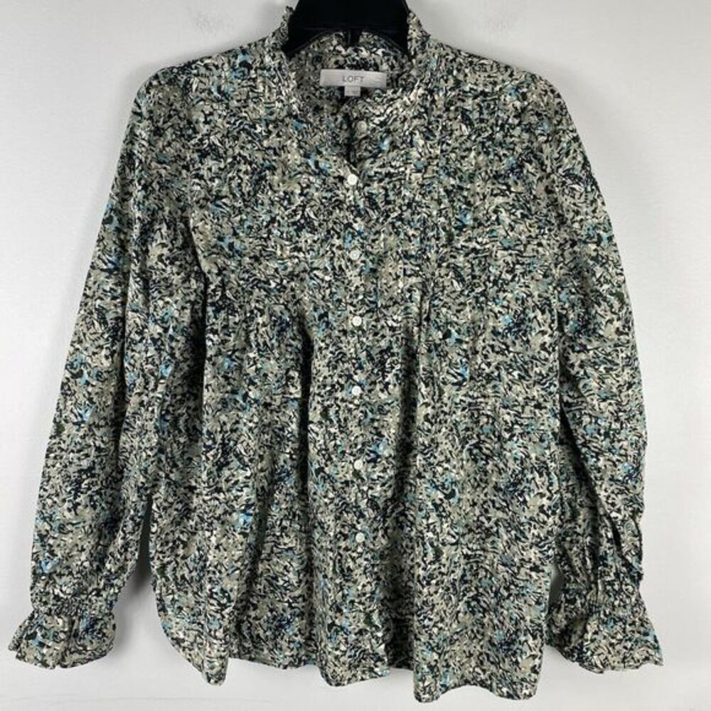 LOFT‎ Top Ditzy Floral Small Balloon Sleeve Career Modest Green